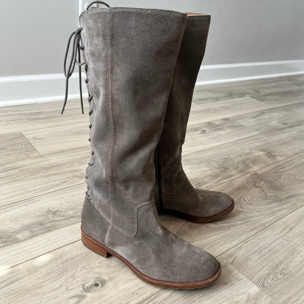Söfft Sharnell II Suede Tall Boots Lace Up Back Grey 11M Stacked Heel Boho